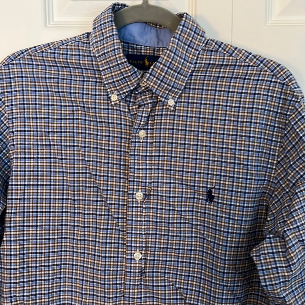 Ralph Lauren Medium Mens Casual Shirt Brown/Blue Stretch